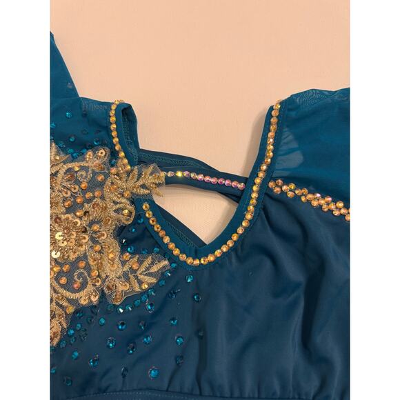 Design Worx Semi-Custom Girls Lyrical 2 Pc Costume Blue Gold Stones Added YL - Picture 8 of 11